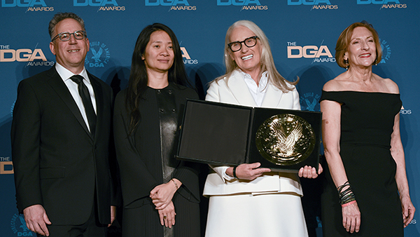 DGA National Executive Director Russell Hollander, presenter Chloé Zhao, Theatrical Feature Film Winner Jane Campion and DGA President Lesli Linka Glatter.